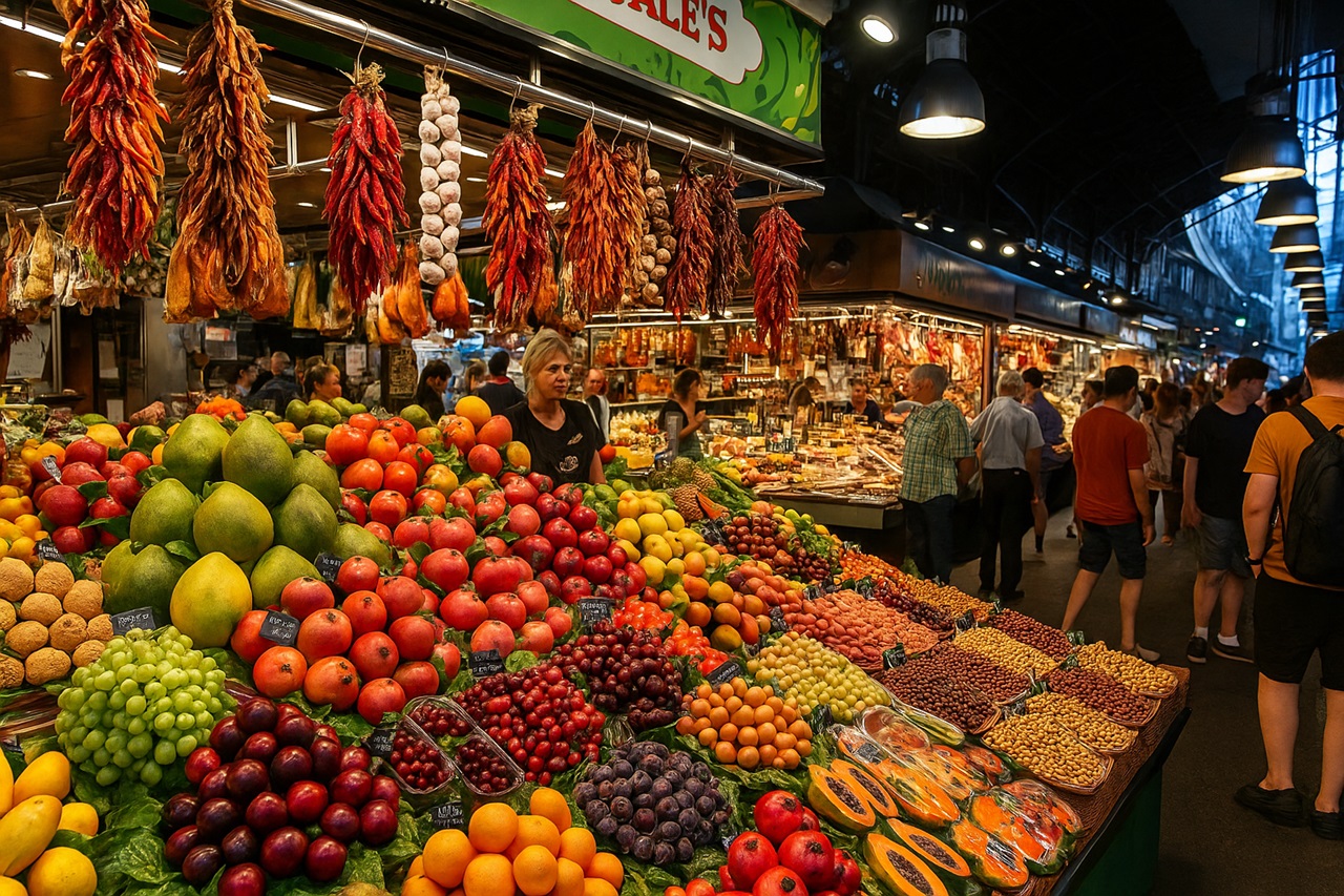 Barcelona for gourmet with a look at a lively market hall in Barcelona. Fresh food and colorful market stalls.