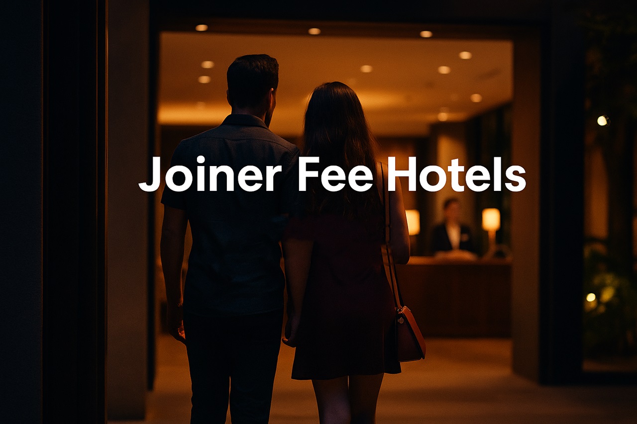 Paar von hinten beim Check-in an der Rezeption eines Joiner Fee Hotels auf Phuket.