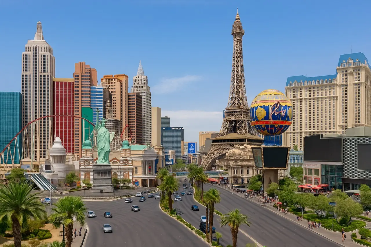 Las Vegas Attraktionen am Strip mit Freiheitsstatue, Eiffelturm und Hotels bei Tag.