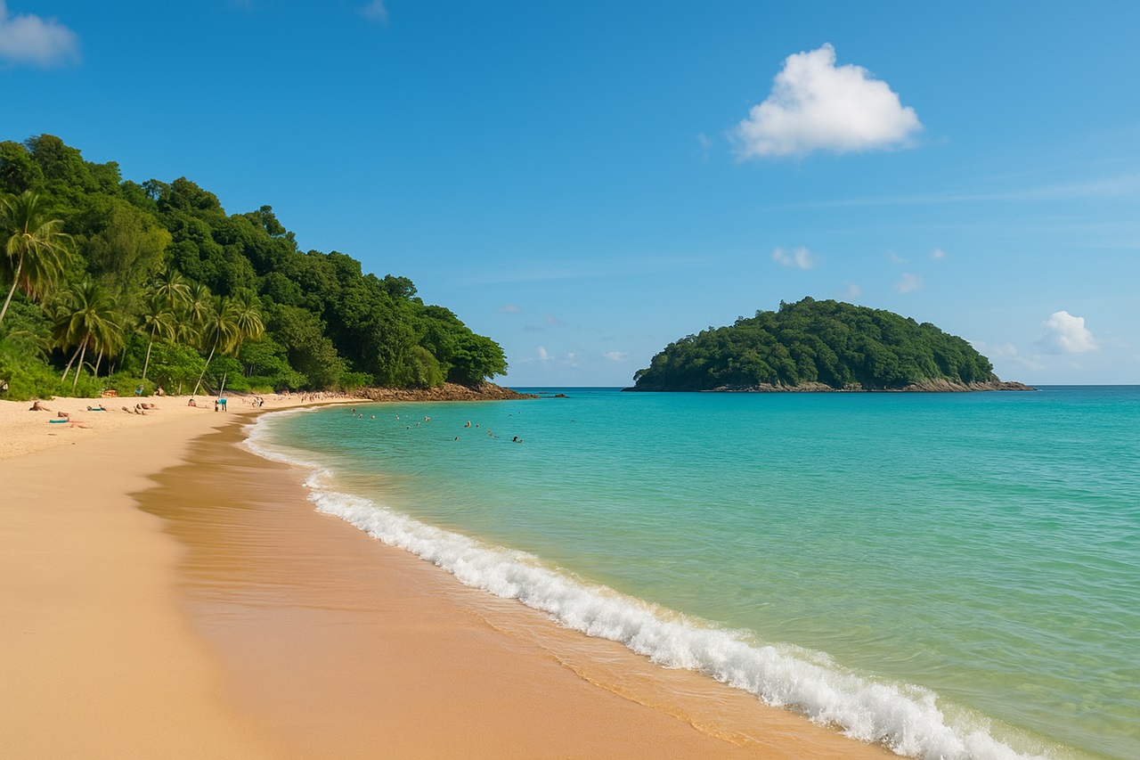 Strände auf Phuket mit feinem Sand, türkisfarbenem Meer und tropischen Hügeln bei klarem Sonnenschein.