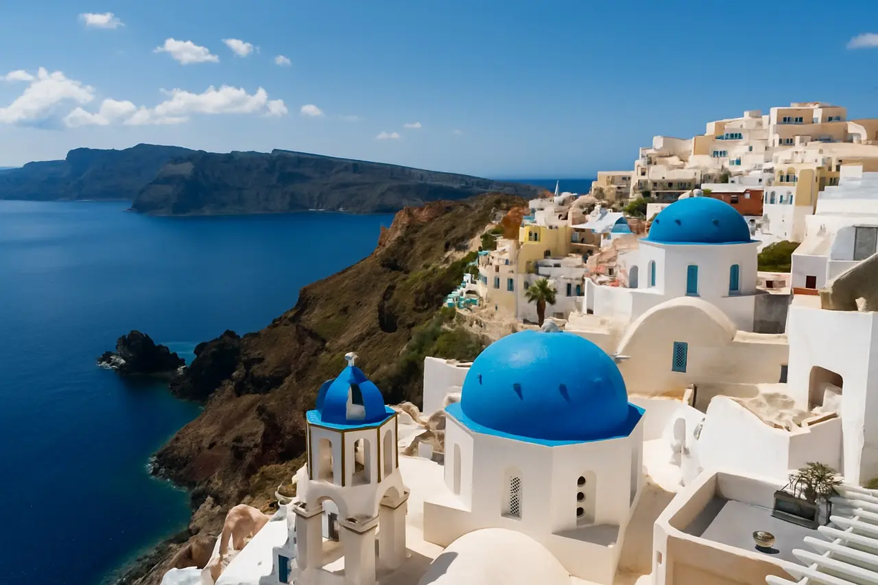 Griechenland entdecken – weiße Häuser mit blauen Kuppeln am Steilhang mit Blick auf die Ägäis
