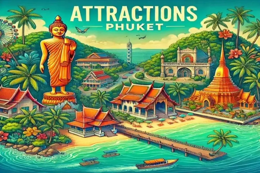 Symbolhaft dargestellte Attraktionen auf Phuket mit Strand, Meer und Big Buddha.