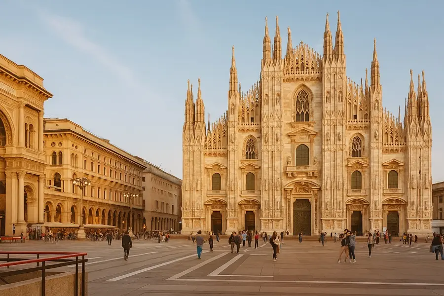 Panoramablick auf den Mailänder Dom am Abend – Symbol der Stadt und beliebter Ausgangspunkt für günstige Hotels in Mailand
